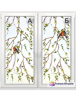 Витражная пленка, витражная пленка самоклеющаяся под заказ,пленочный витраж флора с птицами