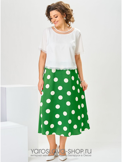 Модель: 1-2544.Женское платье ярко-зеленой юбкой в белый горох