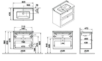 Модуль с классической раковиной, Vitra Root Classic, 80 см, 2 ящика, матовый серый, 68871