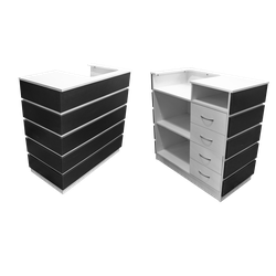 Тучков шоп. Торговое оборудование. Ресепшн. Стойка-ресепшен черно-белая с накладками и ящиками