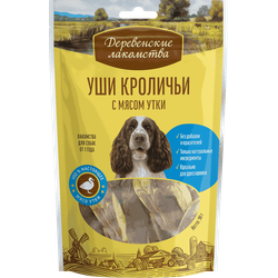 Деревенские лакомства, Уши кроличьи с мясом утки для собак, 90 г