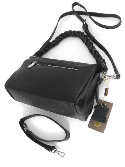 (АРТИКУЛ: 8025/02) СУМКА ЖЕНСКАЯ, НЕБОЛЬШАЯ, НАТУРАЛЬНАЯ КОЖА, ЧЕРНАЯ, С РУЧКОЙ "ЖГУТ", С ТРЕМЯ ОТДЕЛЕНИЯМИ, С ПЛЕЧЕВЫМ РЕМНЕМ