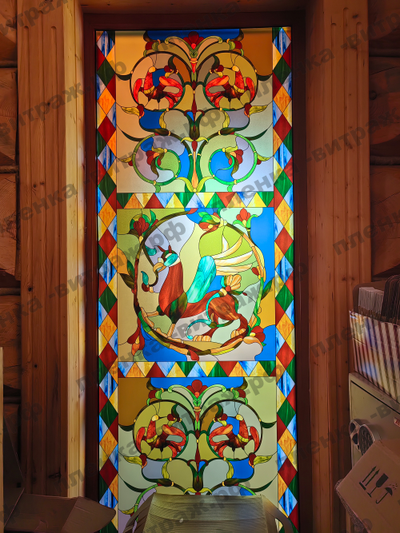 Витражная пленка, витражная пленка самоклеющаяся под заказ,пленочный витраж с рисунком птицы