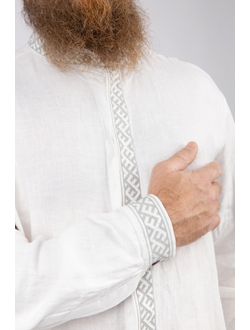 Деловая сорочка "Здрава" белый лён/серая вышивка