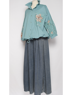 Рубашка хлопок "Карман кружево" бирюзовая, зеленая до р.52