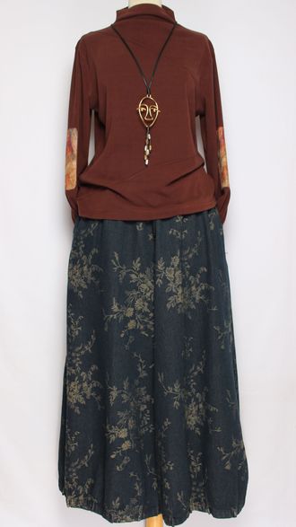 ЮБКА-БРЮКИ джинс-гобелен "ЗАЩИПЫ мелкий цветок" синяя р.46-54