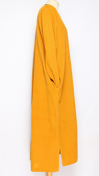 Платье Бохо вельветовое "ПЛАНКА ЗАЩИП ПУГОВИЦЫ" горчичное до р.56