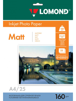 Односторонняя Матовая фотобумага Lomond для струйной печати, A4, 160 г/м2, 25 листов.