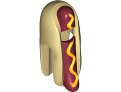 Minifigure, Headgear Head Cover, Costume Hot Dog with Dark Red Sausage and Yellow Mustard Pattern, Tan (18819pb01 / 6093850 / 6207755)