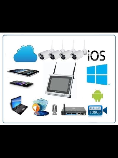 Комплект уличного WiFi/LAN видеонаблюдения, монитор 11" с DVR и 4 беспроводные видеокамеры, Full HD