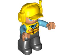 Duplo Figure Lego Ville, Male, Black Legs, Medium Azure Shirt, Yellow Safety Vest with Train Logo, Yellow Cap with Headset, n/a (47394pb253)