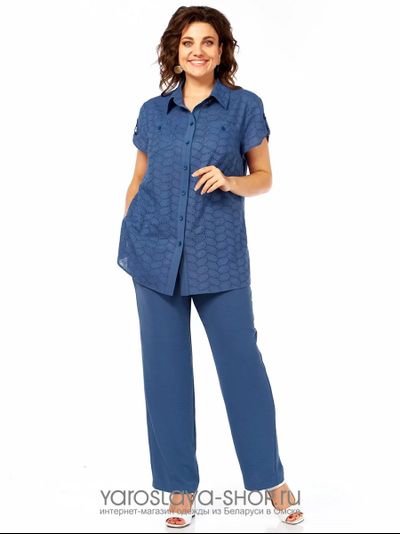 Модель: 397.Лёгкий комплект-двойка, состоящий из брюк и рубашки из хлопка ришелье в синем цвете