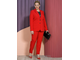 Ярко-красный брючный костюм-тройка с блузой черного цвета в горошек