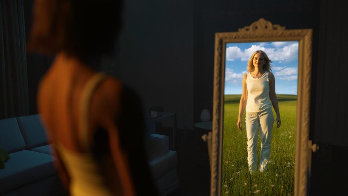 Женщина смотрит в зеркало и видит там себя цельную, а не отражение чужого горя.