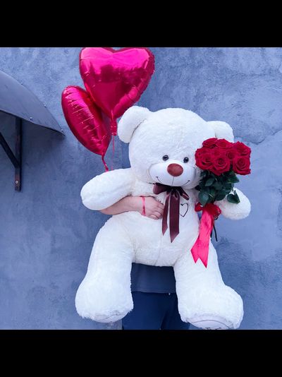 Подарочный набор №16 - Плюшевый мишка 160 см, Шары сердца 2, букет красных роз Эквадор
