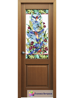 Витражная пленка, витражная пленка самоклеющаяся под заказ,пленочный витраж флора с птицами колибри