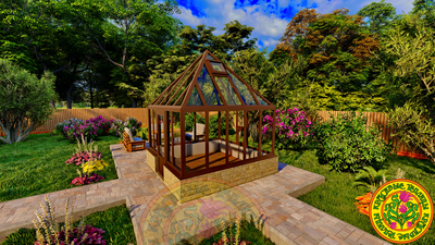 Боковой вид алюминиевой беседки, закаленное стекло, полки с рассадой, установлена в саду.