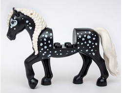 Horse with 2 x 2 Cutout and Movable Neck with Molded White Tail and Braided Mane, Printed White Spots Pattern, Black (bb1279c02pb01 / 6338021)