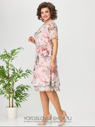 Модель :2383. Женское  платье из шифона  с цветочным принтом на розовом фоне