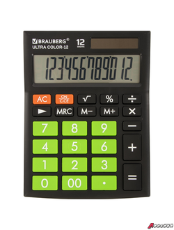 Калькулятор настольный BRAUBERG ULTRA COLOR-12-BKLG (192×143 мм), 12 разрядов, двойное питание, ЧЕРНО-САЛАТОВЫЙ. 250498