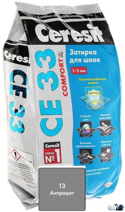 Затирка для плитки Церезит СЕ 33 Антрацит, темно-серая, 2 кг, с противогрибковым эффектом
