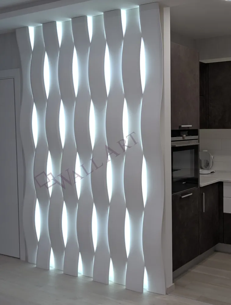 Смонтированная световая 3d панель "LightWave". г.Москва. Монтаж наш. Использована подсветка с холодным светом (6500к). Раскладка панелей стандартная - "Checkmate".