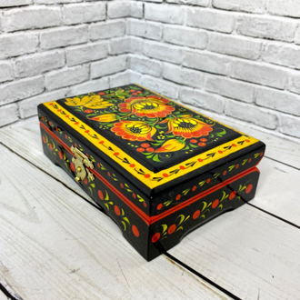 Шкатулка для хранения украшений Цветы черная 120*80 мм с росписью Хохлома