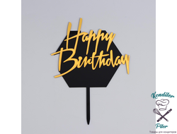 Топпер «С днём рождения», цвет чёрно-золотой, шестиугольник