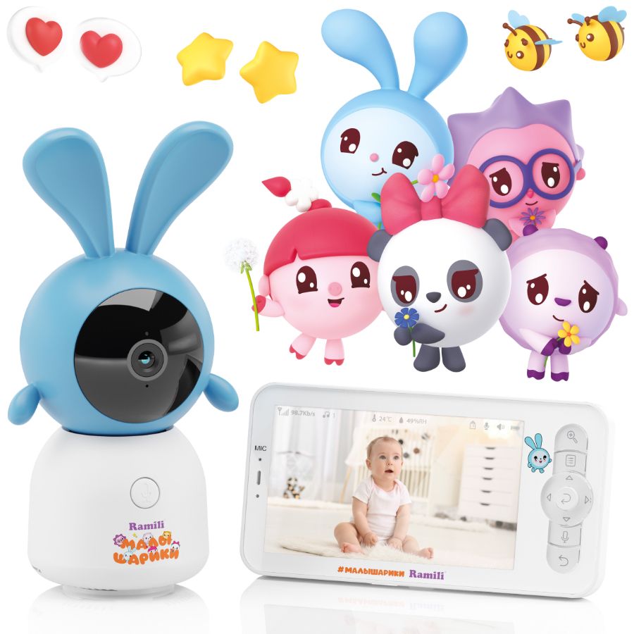 Комплект Ramili Baby RV100KROSH Крошик, Малышарики, Wi-Fi моторизированная видеоняня с креплением + 