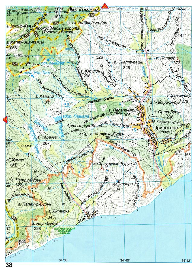 Топографическая карта Крыма туристическая подробная