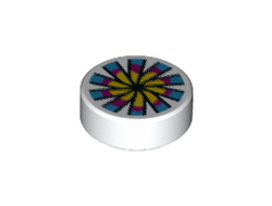 Tile, Round 1 x 1 with Yellow, Magenta and Dark Azure Flower and Chinese Pellet Drum Pattern, White (98138pb119 / 6298993)