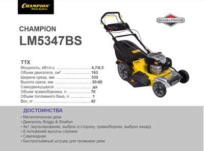 Самоходная газонокосилка Champion LM5347BS Cнято с продажи