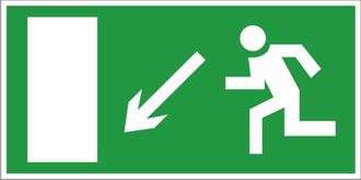 Знак E08 «Направление к эвакуационному выходу налево вниз»