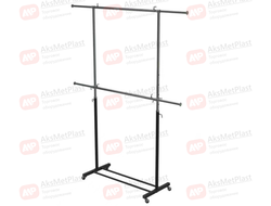 WT002 Стойка-вешало двухъярусное регулируемое для одежды напольное на колесах, L= 900 мм ⇄ 1500 мм, цвет: черный-хром