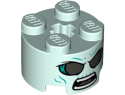 Brick, Round 2 x 2 with Axle Hole with Large Dark Silver Eyes, Dark Turquoise Wrinkles, Angry Open Mouth with Teeth Parted and Tongue Pattern, Light Aqua (3941pb33 / 6302233)