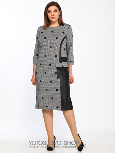 Платье серое в мелкую клетку и крупный горох с деталями из экокожи