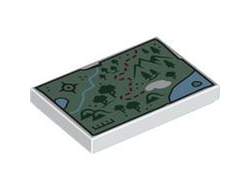 Tile 2 x 3 with Map with Sand Green Land, Bright Light Blue Water, Dark Green Trees and Mountains, Black Compass Rose and Dark Red Dotted Line Pattern, White (26603pb498 6520699)