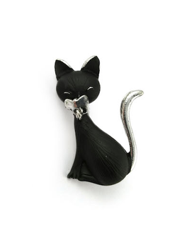 (АРТИКУЛ: 6612/41) БРОШКА ЖЕНСКАЯ "КОШКА", среднего размера, ЧЕРНАЯ ЭМАЛЬ, МЕТАЛЛ "СЕРЕБРО"