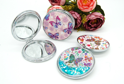 Зеркальце карманное двойное с блестками (ТИП: Бабочки, Единорог)