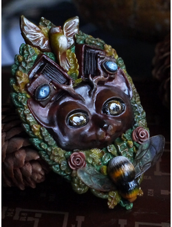 "Лесной Дух". Украшение в стиле стимпанк (авторская коллекционная брошь с лесным духом-котом)