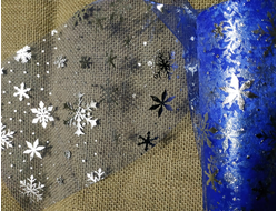 Фатин "Снежинки" цвет-синий с серебряными снежинками, длина 1 м, ширина 15 см