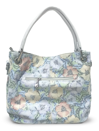 (Артикул: 9940/1/52) СУМКА ЖЕНСКАЯ, СРЕДНЕГО РАЗМЕРА, НАТУРАЛЬНАЯ КОЖА С ЛАЗЕРНОЙ ОБРАБОТКОЙ "ЦВЕТЫ НА ГОЛУБОМ ФОНЕ", С БЕЛЫМИ РУЧКАМИ, С ПЛЕЧЕВЫМ РЕМНЕМ