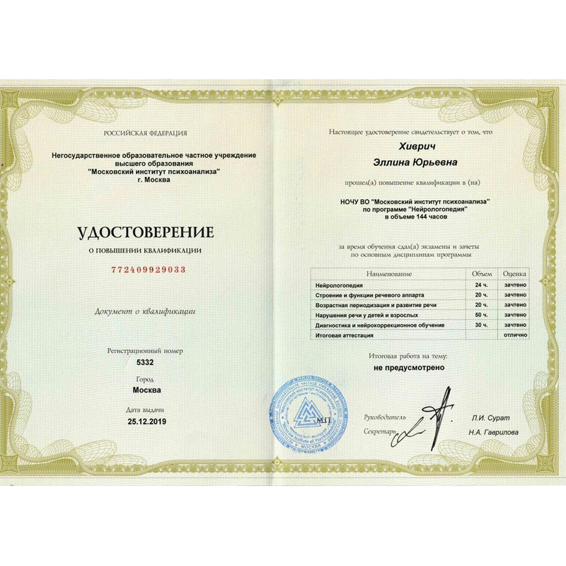 Удостоверение о повышении квалификации