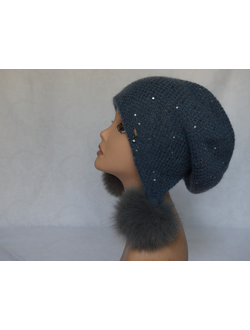 Голубая шапка ушанка вязаная с помпонами Vizio Италия 6463  фото