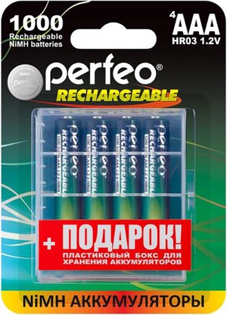 Батарейка аккумуляторная AAA никель-металлогидридная Perfeo AAA1000mAh/4BL+BOX 4 шт