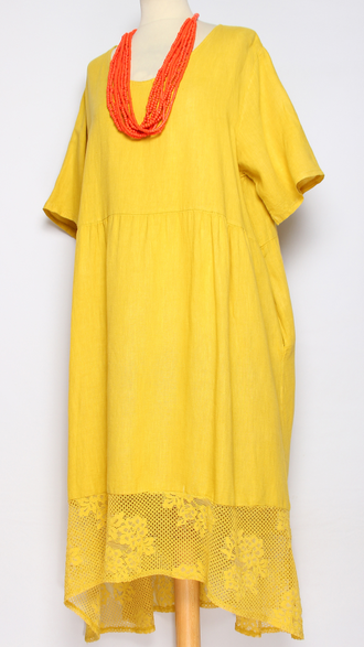 ПЛАТЬЕ БОХО ЛЬНЯНОЕ " АЖУРНОЕ КРУЖЕВО" фуксия, оранж, св.бежевое, желтое до р.54