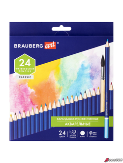Карандаши художественные цветные акварельные BRAUBERG ART CLASSIC, 24 цвета, грифель 3,3 мм. 181530