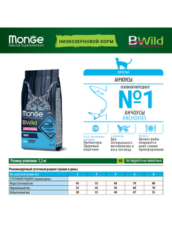 Корм для взрослых кошек Monge BWild низкозерновой с анчоусом 1,5 кг