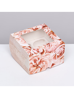 Коробка на 4 капкейков с окном , "Пионы", 16 х 16 х 10 см