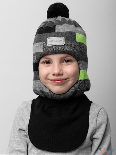 Шапка-шлем 20101-02 с утеплителем, х/б  подклад , черный,серый,салатовый 56-58